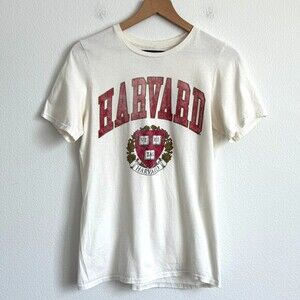 Harvard University Crest Graphic T-Shirt S Ivory‎ Retro Preppy Block Letter Tee